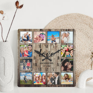 Custom Family Photo Rustic Farmhouse Love Script Square Wall Clock