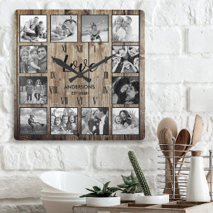 Custom Family Photo Rustic Farmhouse Love Script Square Wall Clock