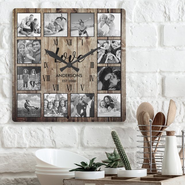 Custom Family Photo Rustic Farmhouse Love Script Square Wall Clock (Creator Uploaded)