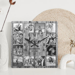 Custom Family Photo Rustic Farmhouse Love Script Square Wall Clock