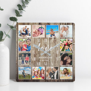 Custom Family Photo Rustic Farmhouse Love Script Square Wall Clock
