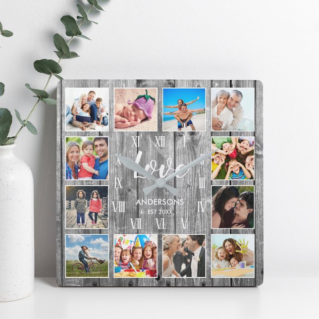 Custom Family Photo Rustic Farmhouse Love Script Square Wall Clock (Creator Uploaded)