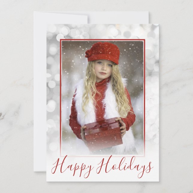 Custom Family Photo Silver Bokeh Red Christmas Holiday Card (Front)