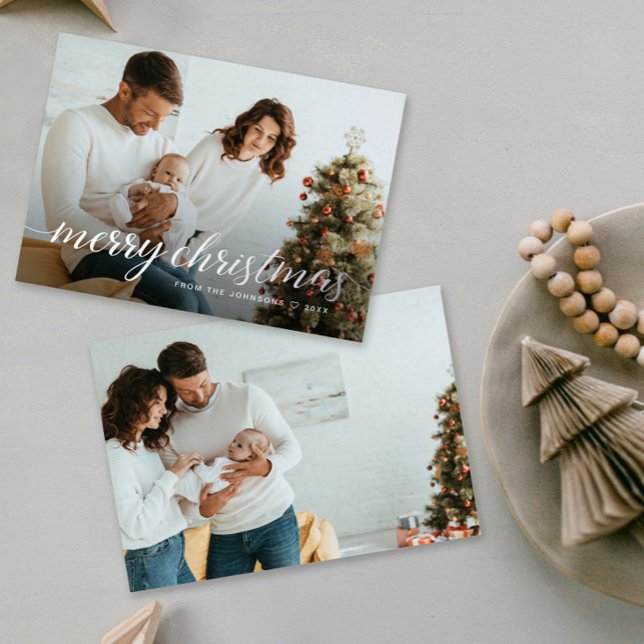 Custom Family Photo Silver Foil Merry Christmas (Custom family photos silver foil Merry Christmas script holiday card.)