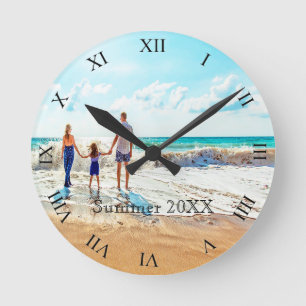 Custom family photo summer vacation text roman round clock
