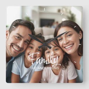 Custom Family Photo Trend Script Name Personalized Square Wall Clock