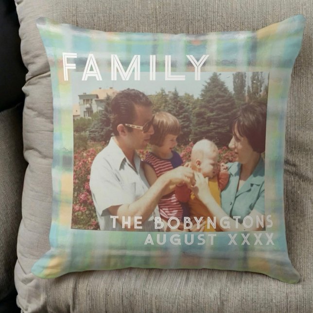 Custom family photo typography pastel plaid tartan cushion (Creator Uploaded)