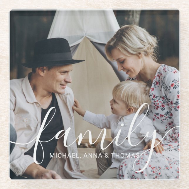 Custom family photo with custom name glass coaster (Front)