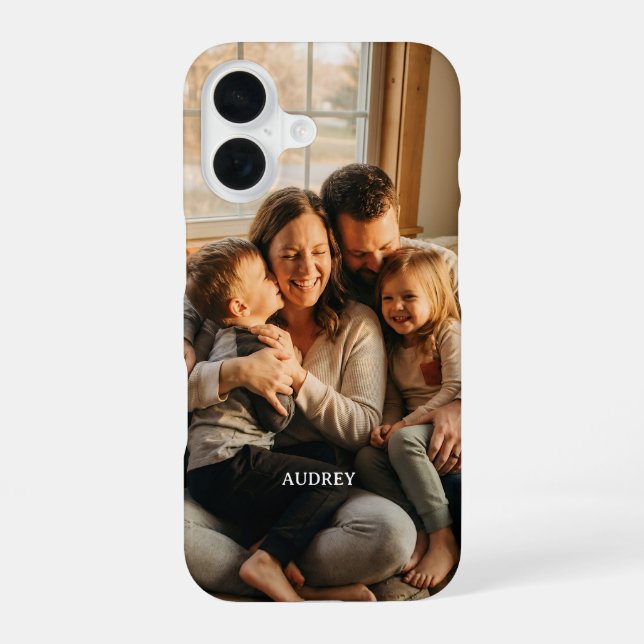 Custom Family Photo with Custom Name iPhone 16 Case (Back)
