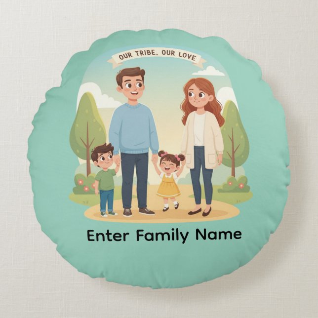 Custom Family Portrait Our Tribe Our Love Round Cushion (Front)