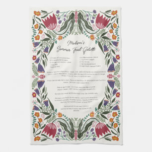 Custom Family Recipe Folk Art Flowers Tea Towel