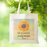 Custom Family Reunion<br><div class="desc">This Family Reunion tote bag is decorated with a yellow sunflower on a colourful watercolor background. Easily customisable. Use the Customise Further option to change the text size, style, or colour. Because we create our own artwork you won't find this exact image from other designers. Original Watercolor © Michele Davies....</div>