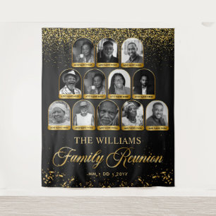 Custom Family Reunion Banner, 12 Photo Black Gold Tapestry