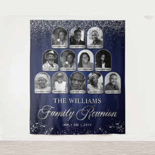 Custom Family Reunion Banner, 12 Photo Blue Silver Tapestry