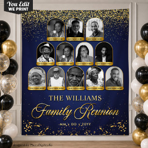 Custom Family Reunion Banner, 12 Photo Navy Gold Tapestry