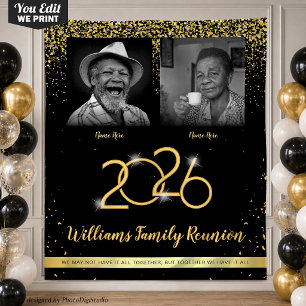 Custom Family Reunion Banner, 2 Photo Black Gold Tapestry