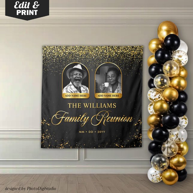 Custom Family Reunion Banner, 2 Photo Black Gold Tapestry (Custom Family Reunion Banner, 2 Photo Black Gold Tapestry)