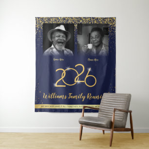 Custom Family Reunion Banner, 2 Photo Blue Gold Tapestry