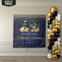 Custom Family Reunion Banner, 2 Photo Blue Gold