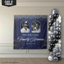 Custom Family Reunion Banner, 2 Photo Blue Silver 