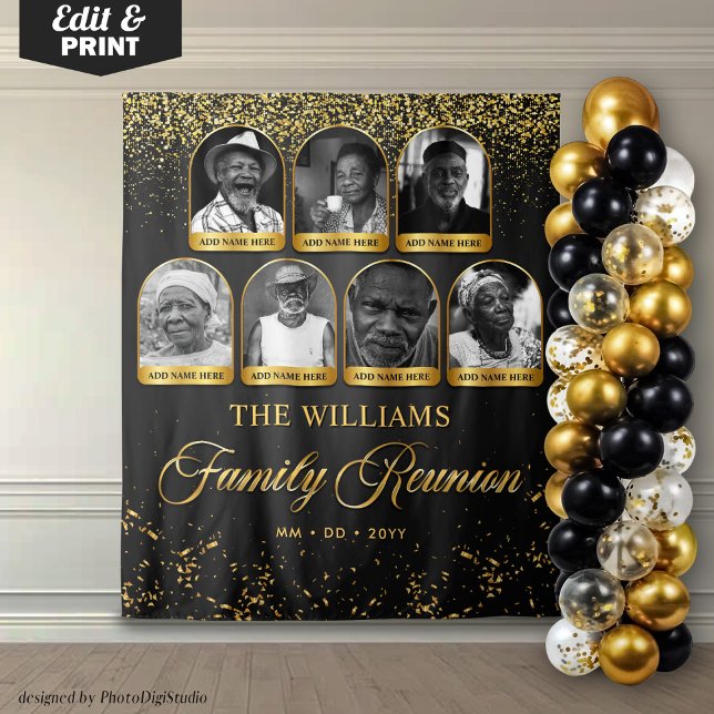 Custom Family Reunion Banner, 7 Photo Black Gold Tapestry (Custom Family Reunion Banner, 7 Photo Black Gold Tapestry)