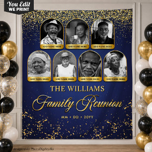 Custom Family Reunion Banner, 7 Photo Blue Gold Tapestry