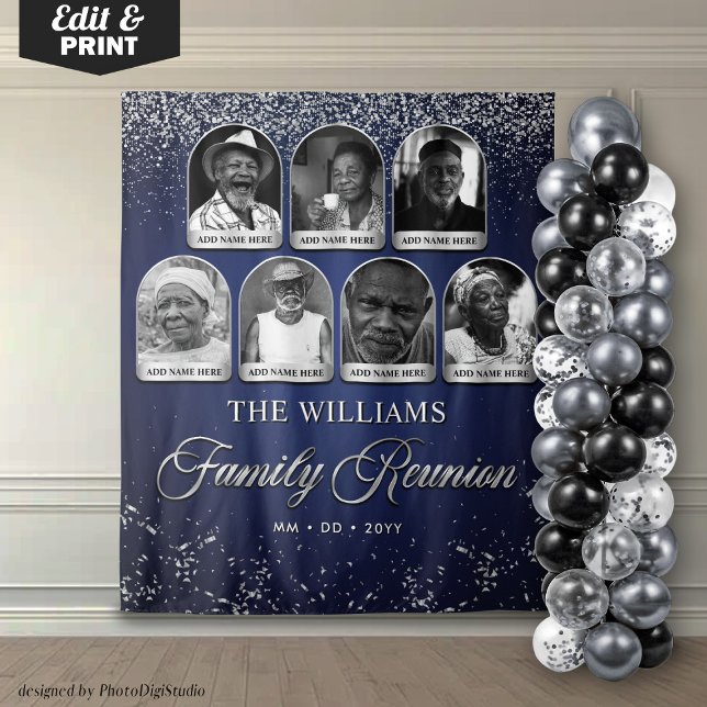 Custom Family Reunion Banner, 7 Photo Blue Silver Tapestry (Custom Family Reunion Banner, 7 Photo Blue Silver Tapestry)