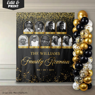 Custom Family Reunion Banner, 9 Photo Black Gold Tapestry