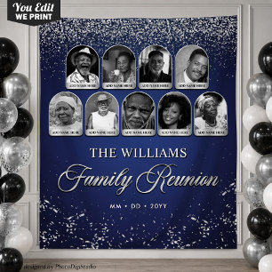 Custom Family Reunion Banner, 9 Photo Blue Silver Tapestry