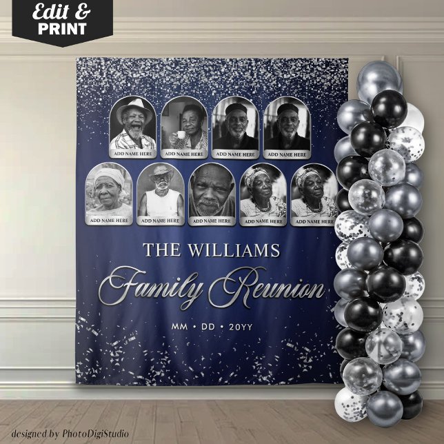 Custom Family Reunion Banner, 9 Photo Blue Silver Tapestry (Custom Family Reunion Banner, 9 Photo Blue Silver Tapestry)