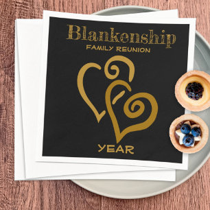 Custom Family Reunion Black Gold Linked Hearts Napkin