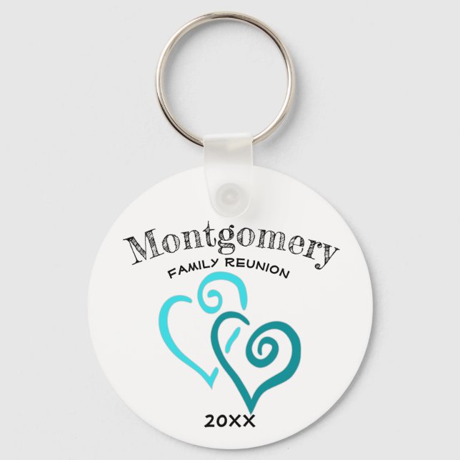 Custom Family Reunion Blue Turquoise Linked Heart  Key Ring (Front)