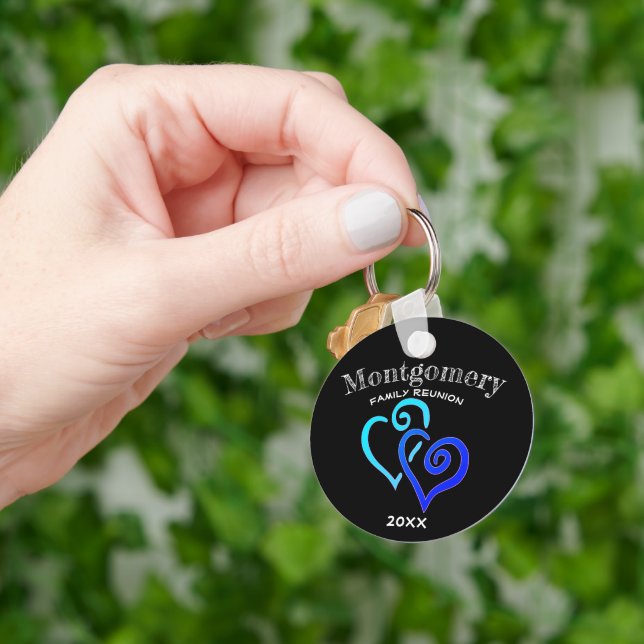 Custom Family Reunion Dark Light Blue Linked Heart Key Ring (Hand)