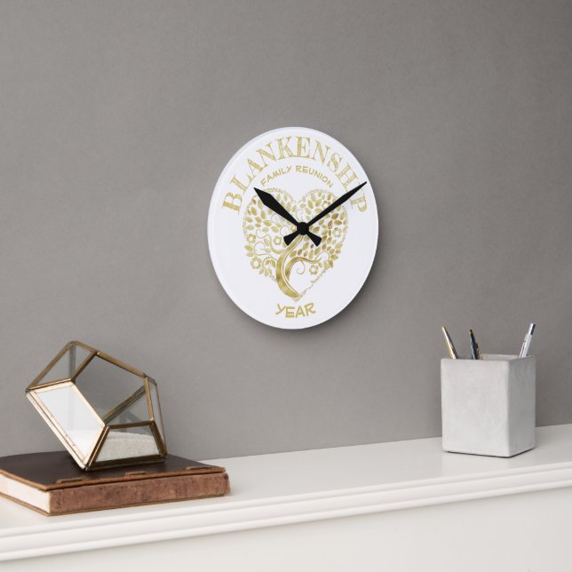 Custom Family Reunion Gold Heart Shaped Tree  Round Clock (Office)