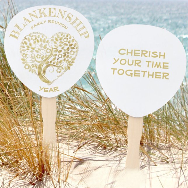 Custom Family Reunion Gold Heart Tree Double Sided Hand Fan (Use these as table decor, fans or keepsake items from your next family reunion or other event.)