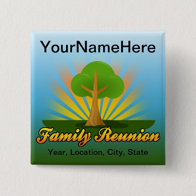 Custom Family Reunion, Green Tree with Sun Rays 15 Cm Square Badge (Front)