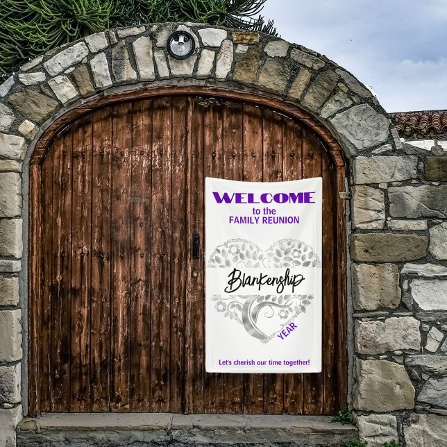 Custom Family Reunion Heart Art Tree White Purple Banner (Welcome family with a heart tree art on white with purple text vertical format reunion banner.)