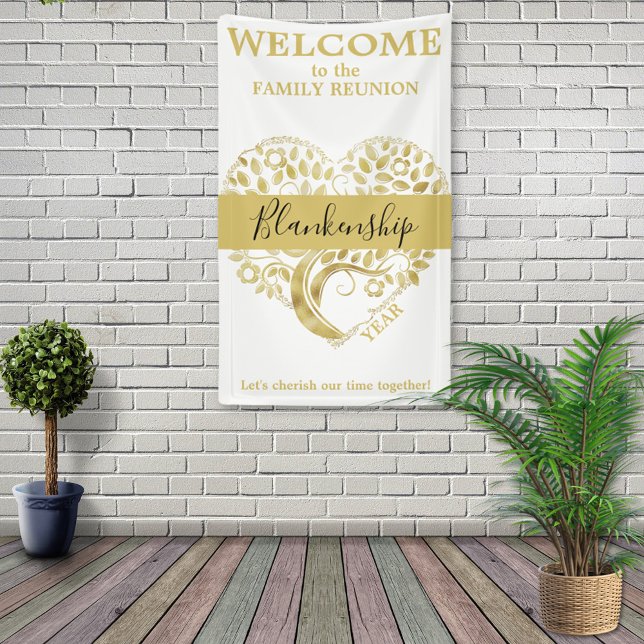 Custom Family Reunion Heart Shaped Tree Black Gold Banner (Creator Uploaded)