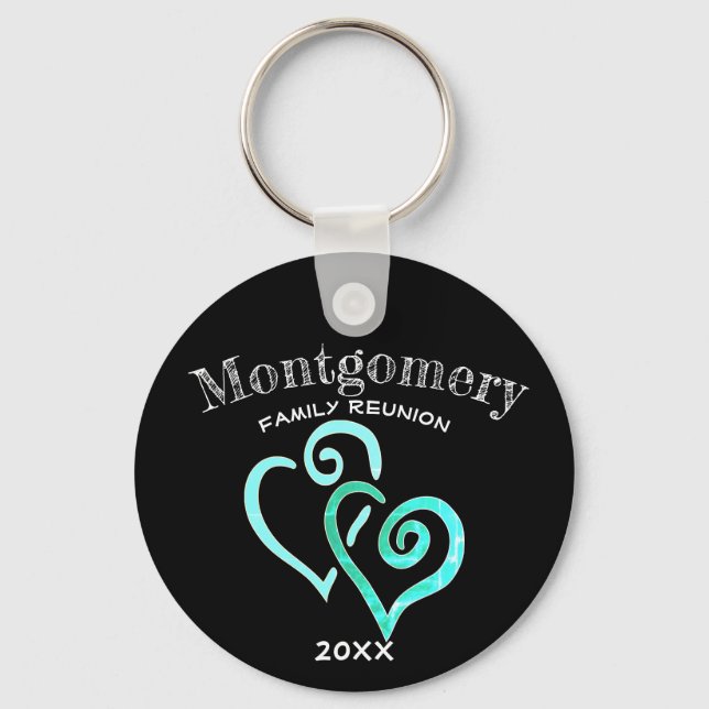 Custom Family Reunion Rustic Blue Linked Heart Key Ring (Front)