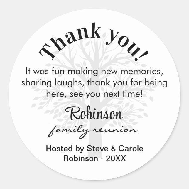 Custom Family Reunion Thank You Favor Bag 3-in  Classic Round Sticker (Front)