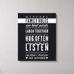 CUSTOM FAMILY RULES modern typography bold black Canvas Print<br><div class="desc">Dress the walls in your living room with this positive affirmation text - a gentle reminder for a happy family. Setup as a template it is easy to customise with your own text - make it yours! Simply hit the "Customise it" button and add/change the text, fonts, size, colours even...</div>