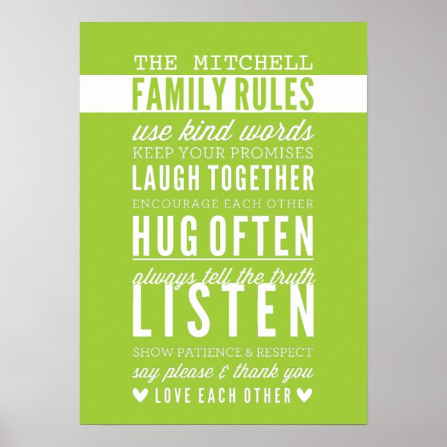 CUSTOM FAMILY RULES modern typography lime green Poster (Front)