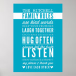 CUSTOM FAMILY RULES modern typography turquoise Poster<br><div class="desc">Dress the walls in your living room with this positive affirmation text - a gentle reminder for a happy family with these lovely FAMILY RULES. Looks absolutely FABULOUS in a frame! Setup as a template it is easy to customize with your own text - make it yours!Simply hit the "Customize...</div>