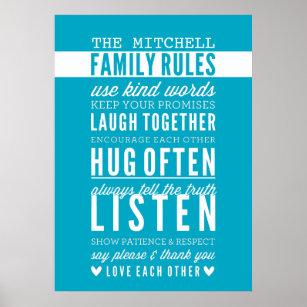 CUSTOM FAMILY RULES modern typography turquoise Poster