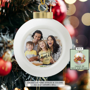 Custom FAMILY Script One Photo Keepsake Ceramic Ball Christmas Ornament