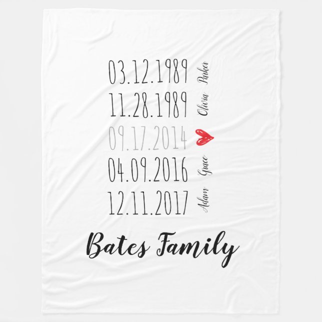 Custom Family Special Dates Fleece Throw Blanket (Front)