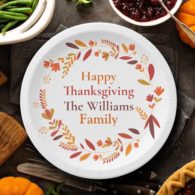Custom Family Thanksgiving Party Fall Wreath Paper Plate (Creator Uploaded)