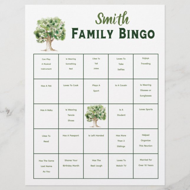Custom Family Tree Bingo Renion Party Game (Front)