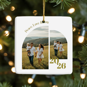 Custom Family Two Photo Script 2026 Christmas Ceramic Ornament