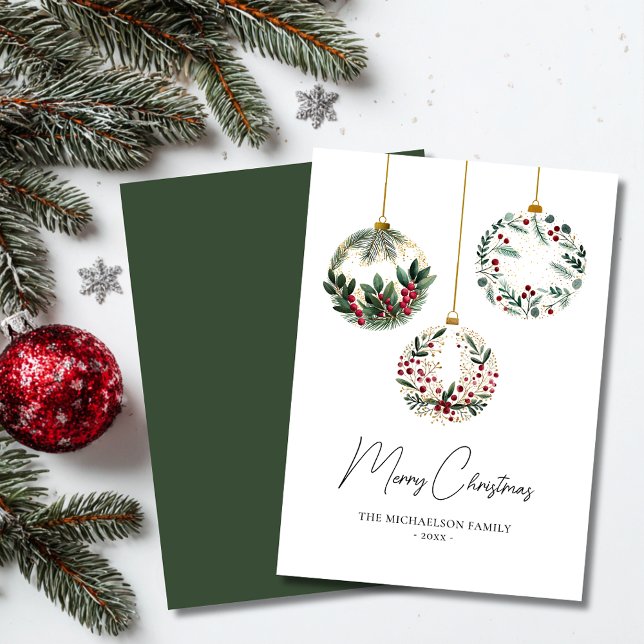 Custom Family Watercolor Greenery Christmas Modern Holiday Card (Greenery Ornament Bauble Watercolor Christmas Holiday Card)